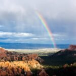Spectacular double rainbow arches over Bryce Canyon's unique geological formations.